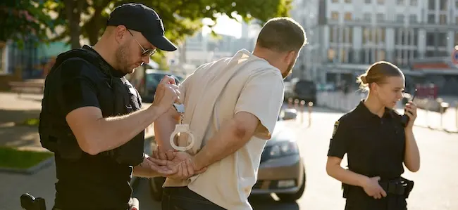 Police officers are arresting a suspect in handcuffs, demonstrating the penalties for being a felon caught with illegal firearms in public.