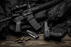A black tactical AR-style rifle with a scope and extended magazine rests on a dark jacket alongside a semi-automatic pistol- a folding knife- and loose rifle cartridges on a wooden surface- illustrating the types of weapons and ammunition combinations that frequently form the basis of federal gun charges in criminal prosecutions in The Woodlands.