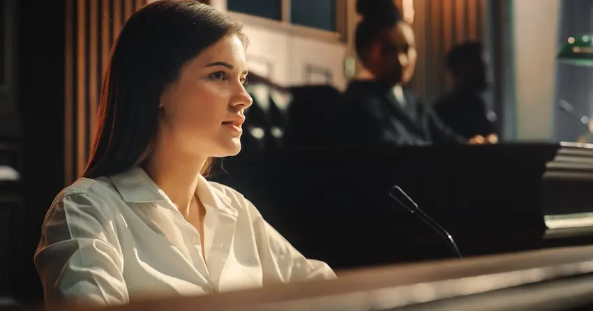 A young woman with long dark hair in a white button-down shirt sits attentively in a dimly lit courtroom with a microphone in front of her and another figure visible in the background (the judge) depicting a witness or defendant during a serious criminal proceeding such as a trial involving federal gun charges with legal representation from Cowboy Law Group.