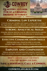 An infographic with text advising what qualities to look for in a murder defense lawyer.
