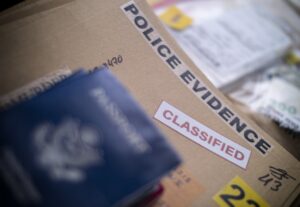 Detective reviewing criminal investigation evidence and case files on desk representing warning signs someone is being investigated for a crime