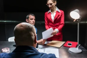 Image of a San Antonio Criminal Defense Lawyer reviewing a criminal case file with clients accused of criminal charges in a law office setting.