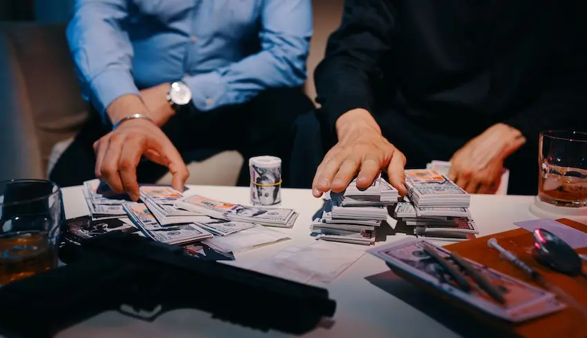 Two individuals in a dimly lit room handle large stacks of cash on a table alongside a handgun depicting the illegal black market transactions that bypass regulated gun manufacturers and licensed firearms dealers and could use help from Cowboy Law Group.