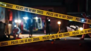 Crime scene with caution tape blocking off the area, representing a serious criminal investigation.