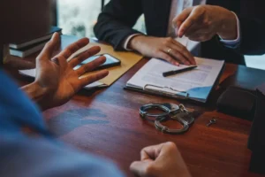 Klein criminal defense attorney speaks with her client
