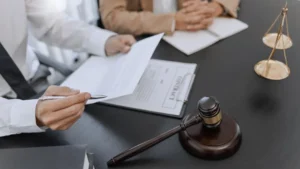 Defense attorney meets with a client