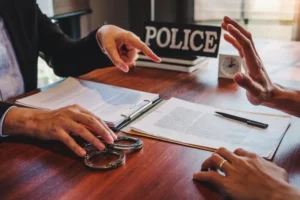 A criminal lawyer speaks with their client