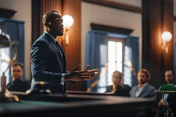 A juvenile defense lawyer speaks in court to the jury